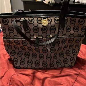 Michael Kors Logo Patterned Tote in Black and Tan
